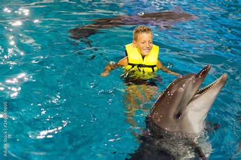 Happy little boy swimming with the dolphins Stock Photo | Adobe Stock