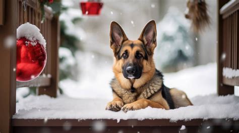 A German Shepherd dog is wearing a Santa hat and lying on a snowy porch ...