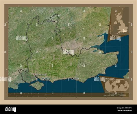 South East, region of United Kingdom. Low resolution satellite map ...