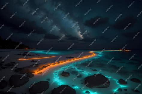 Premium AI Image | An illustration of the Bioluminescence shore in maldives