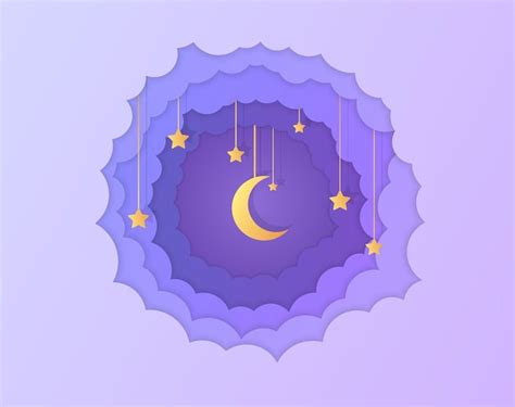 Premium Vector | Night sky clouds round frame with stars on rope in ...