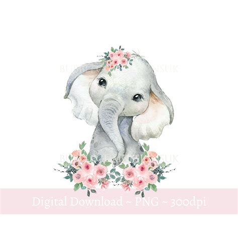 Baby Elephant Pink Floral PNG Watercolor Elephant - Etsy