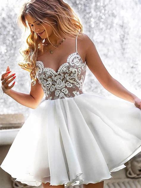 A Line V Neck Short White Lace Prom Dresses, Short White Lace Formal H ...