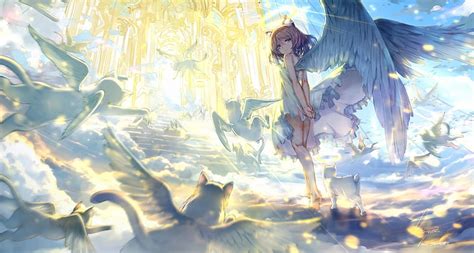 HD wallpaper: anime girl, angel, wings, heaven stairs, light dress ...