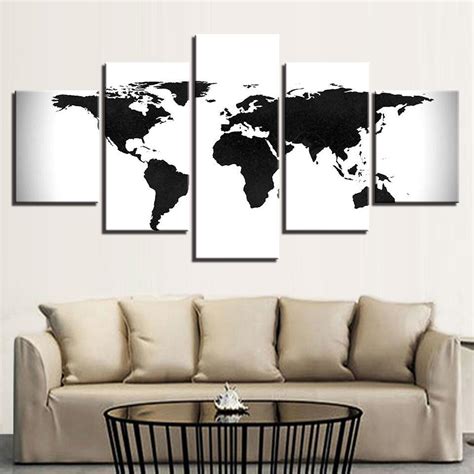 Black And White World Map – World Map 5 Panel Canvas Art Wall Decor ...