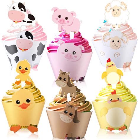 Buy Blulu 60 Pieces Farm Animal Cupcake Wrappers and Toppers for Farm ...