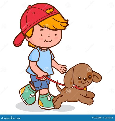 Boy Walking The Dog Stock Vector Illustration Of Vector 97272881