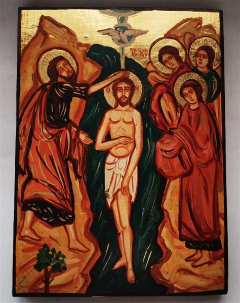 Hand painted icon - Baptism of Jesus Christ in the Jordan - Catawiki