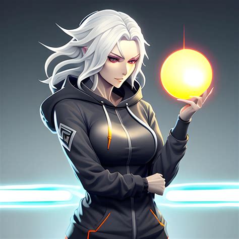 anime girl with wavy white hair in a hoodie holding an electric ...