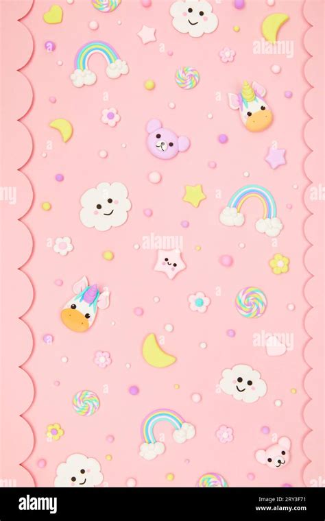 pastel pink kawaii background with cute cartoon animals, unicorns ...