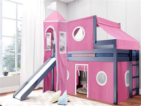 JACKPOT! Princess Low Loft Bed with Slide Pink & White Tent and Tower ...