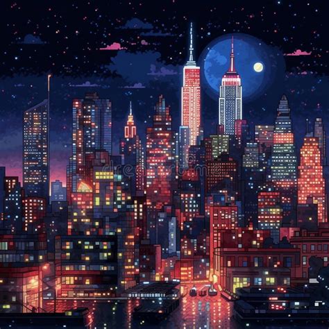 32 Pixel Art New York City at Night. Generative AI Stock Illustration ...