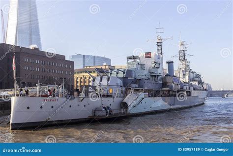 HMS Belfast Museum Ship And The Shard In London, England Editorial ...