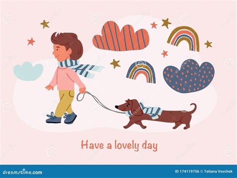 Illustration Of Boy With Dachshund Puppy Dog Walk Stock Vector