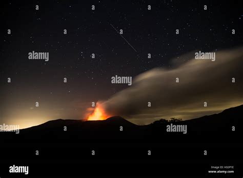 Masaya volcano view at night during an eruption. Long exposure shot ...