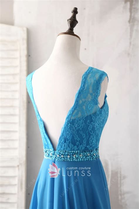 Fashion Beaded Ocean Blue Lace Chiffon Bridesmaid Dress - Lunss