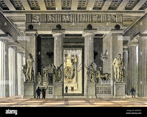 Interior of the Temple of Zeus in Olympia ancient Greece. Hand-colored ...