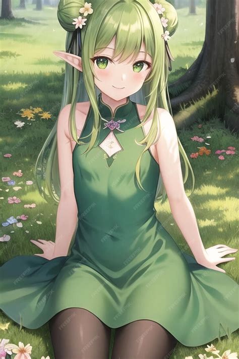 Premium AI Image | Anime girl in a green dress with green hair and a ...