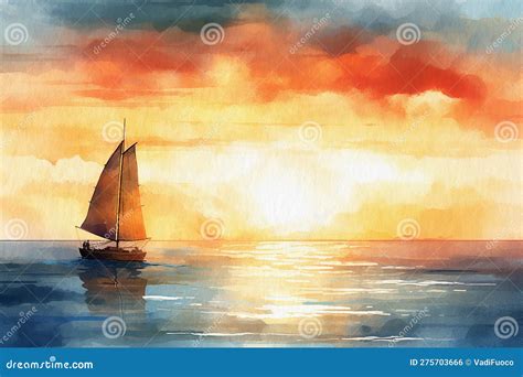 Sailboat Sailing on the Sea at Sunset. Painted with Watercolors, the ...