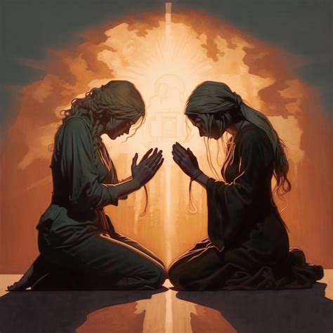 Premium AI Image | painting of two women kneeling in front of a cross ...