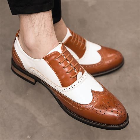 Brown White Wingtip Leather Dapper Man Lace Up Mens Oxfords Dress Shoes