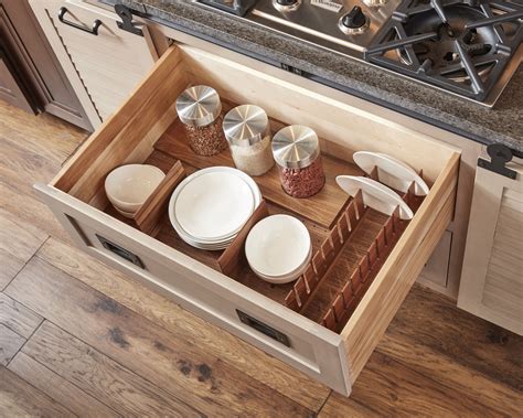 Walnut Deep Drawer Organizer with Dividers and Vertical Plate Holder