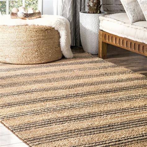 Gracie Oaks Sebeka Striped Handmade Tufted Jute/Sisal Beige/Black Area ...