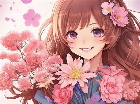 Premium AI Image | Cartoon Girl Holding Flowers Anime Style Beautiful ...