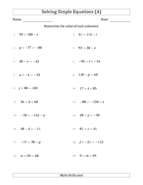 Simple Linear Equations Worksheets