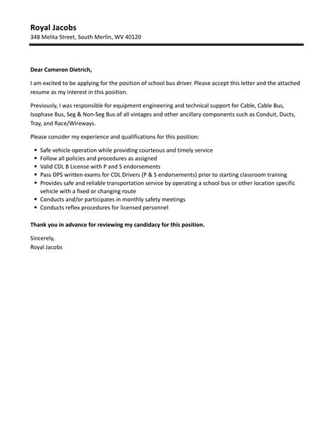 School Bus Driver Cover Letter | Velvet Jobs