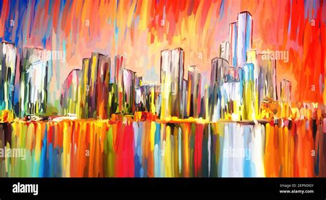 Abstract landscape skyline painting art city vibrant color Stock Photo ...