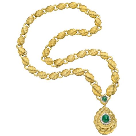 Estate David Webb 18k Gold Link Necklace with Emerald Pendant Drop ...