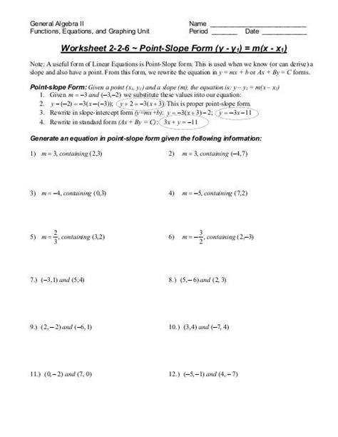 Point Slope Form Worksheets