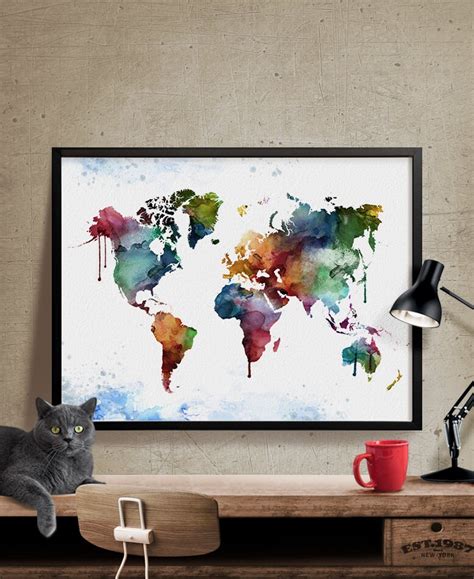 Watercolor world map World Map Art Print World map wall art | Etsy