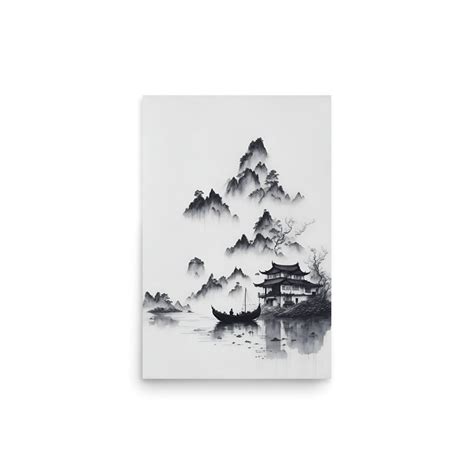 PRINTABLE Chinese Ink Painting Mountains and River Landscape Wall Art ...