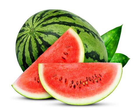 whole and slices watermelon with green leaves isolated on white ...