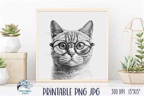 Cat With Glasses Drawing Printable, Cute Cat Face JPG, Black and White ...