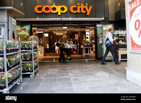 Zurich, Switzerland , July 19, 2019: Entrance in the supermarket COOP ...