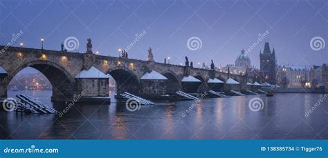 View of the Charles Bridge at Night in Winter Stock Photo - Image of ...