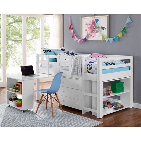 Naomi Home Twin Low Loft Bed with Desk for Kids, Study Loft Bed, White ...