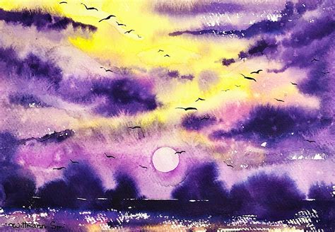 Sunrise Painting Landscape Original Art Sky Clouds Watercolor | Etsy