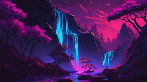 Neon Waterfall Vaporwave Live Wallpaper - MoeWalls