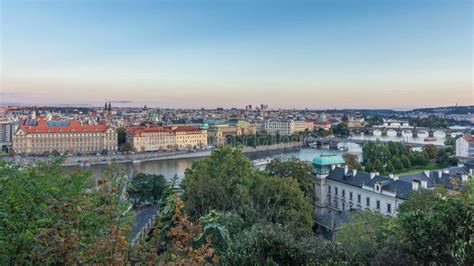 Evening Panorama of Prague with Vltava River and Prague Bridges Day To ...