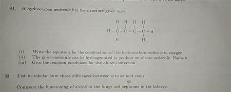 31. A hydrocarbon molecule has the structure given below:(i) Write the e..