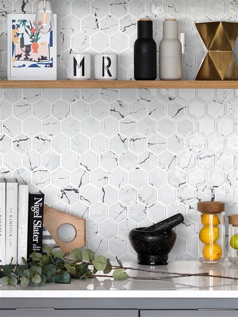 White Hexagon Marble Look Glass Mosaic Backsplash Tile