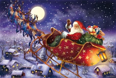 Santa Claus in his sleigh with his flying reindeer by the night sky of ...