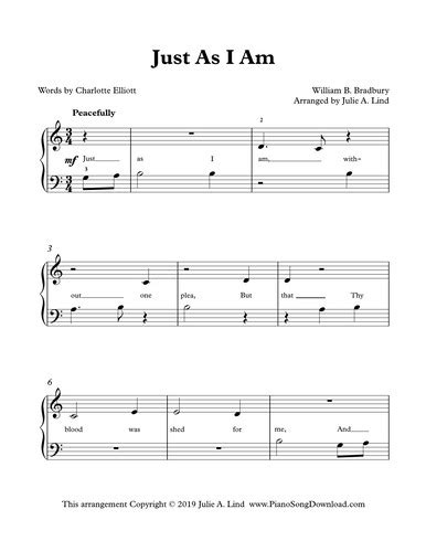 Just As I Am: free Level 1 easy piano hymn sheet music with words