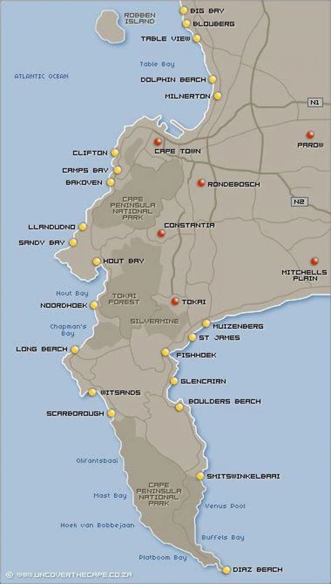 Cape Town beaches map - Map of Cape Town beaches (Western Cape - South ...