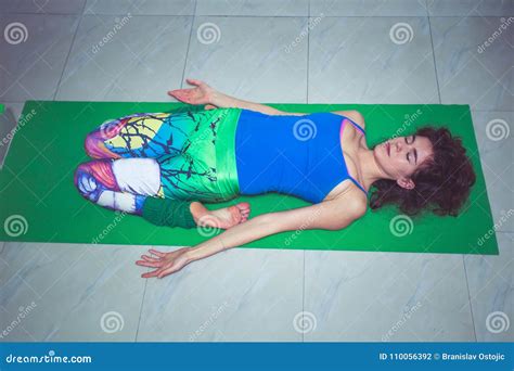 Young Woman Practice Yoga Lying in Reclining Hero Position Indoo Stock ...