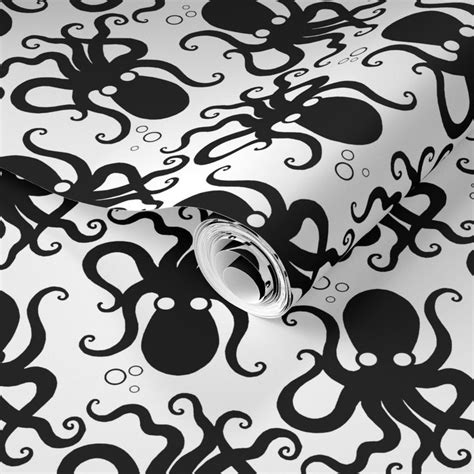 black and white wallpaper with an octopus pattern on it's surface, in ...